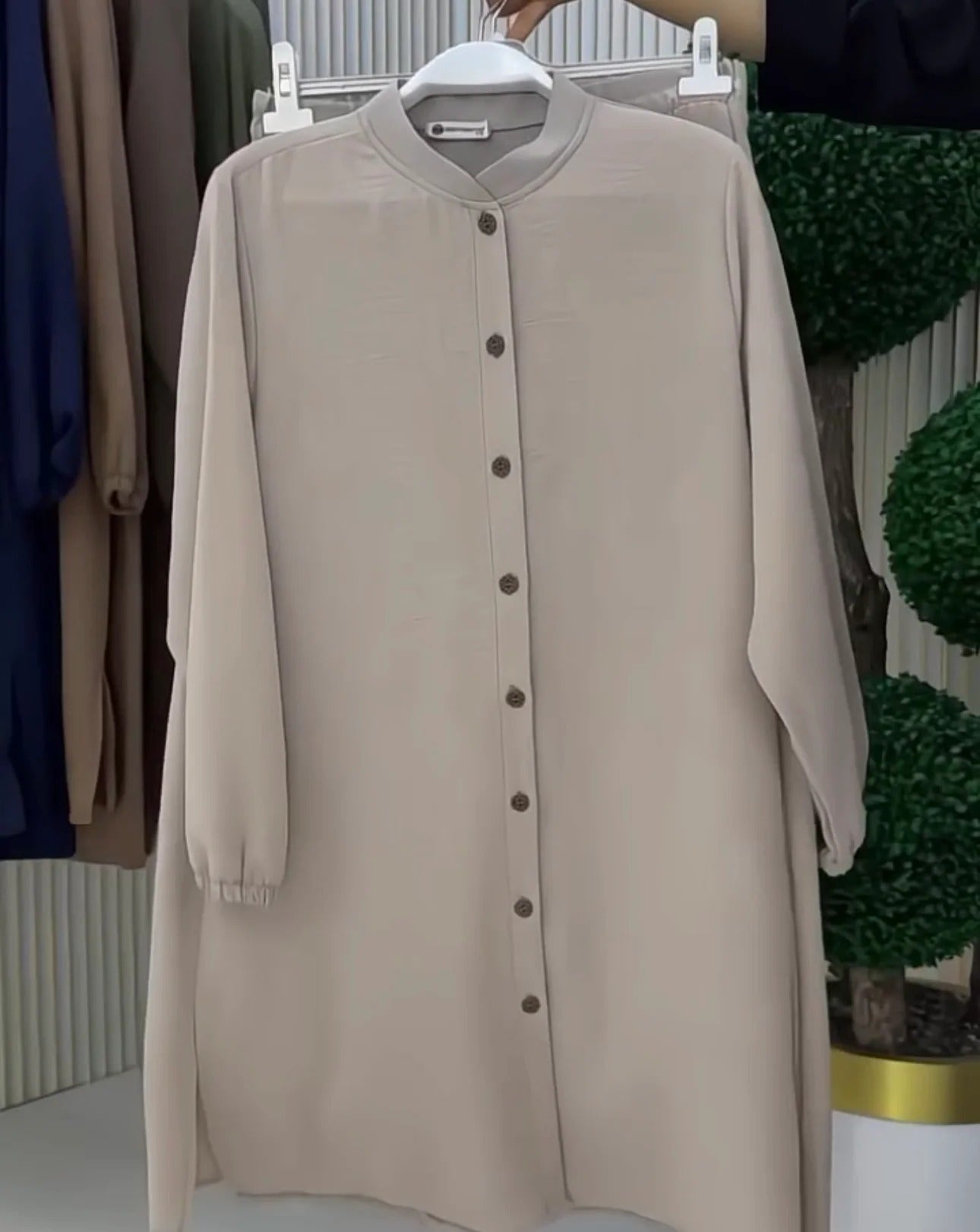 Beige women's linen co-ord set Dubai โ long shirt drawstring trouser modest UAE