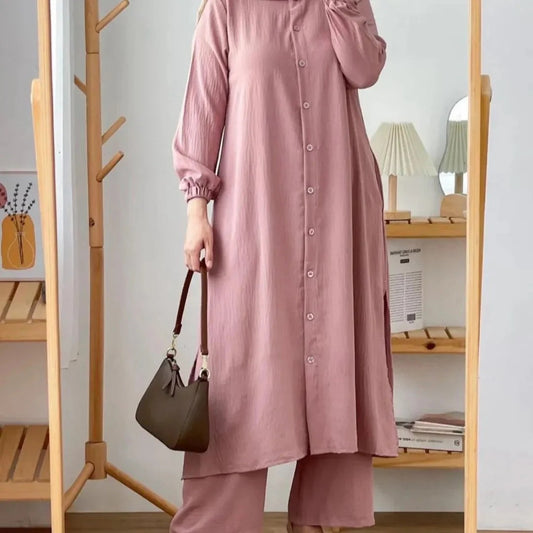 Pink women's linen long shirt trouser set Dubai — regular fit modest co-ord UAE