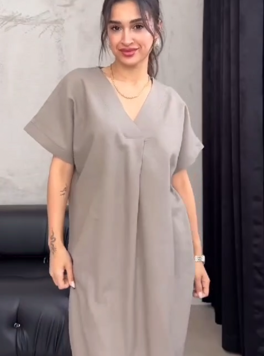 Beige linen-blend modest maxi shirt dress Abu Dhabi — Muslim casual elegance UAE