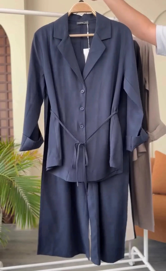 Navy blue women's linen co-ord set Dubai — coat collar shirt trouser outfit