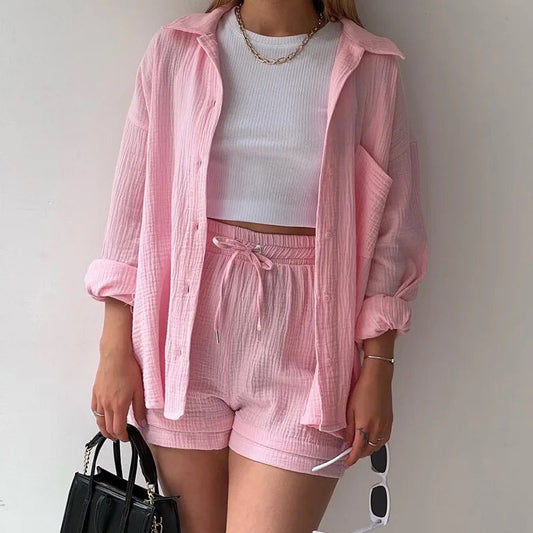 Women's casual poly cotton shirt shorts set Dubai — summer co-ord loose fit UAE