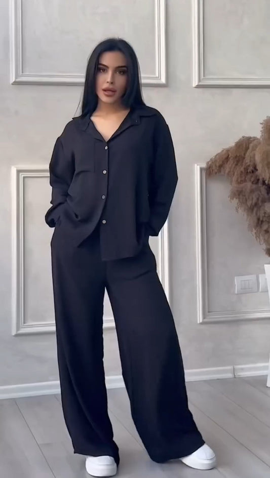 Black women's rich linen shirt trouser set UAE — loose fit modest co-ord Dubai