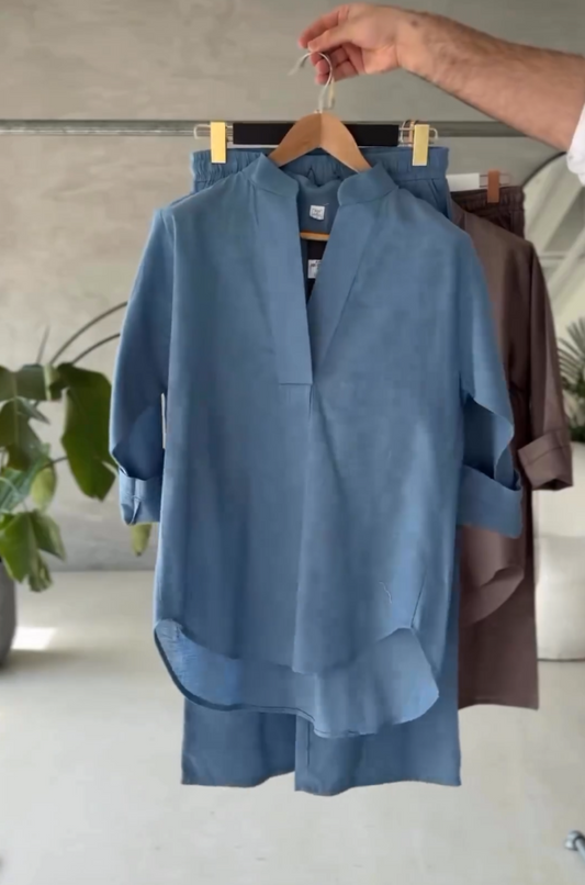Blue women's V-neck linen shirt trouser set Dubai — loose fit modest co-ord UAE