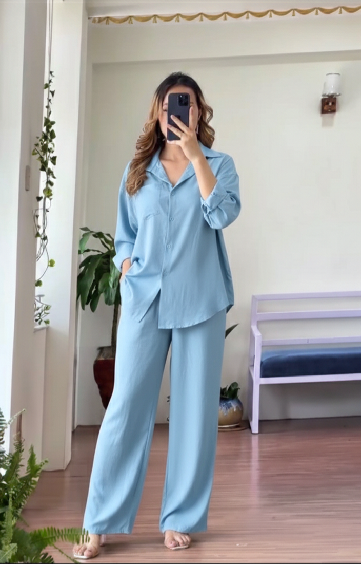 Women's Linen Drop Down Collar Shirt & Trouser Set — Size Chart | UAE
