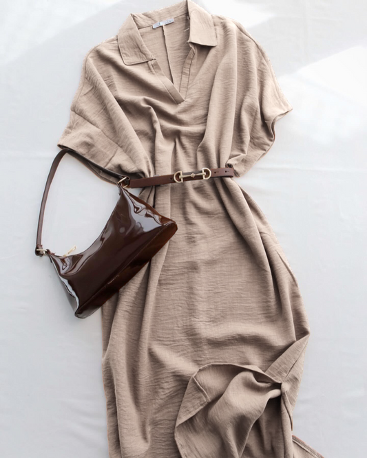 Beige women's poly cotton abaya-style long shirt Dubai — half sleeve modest UAE