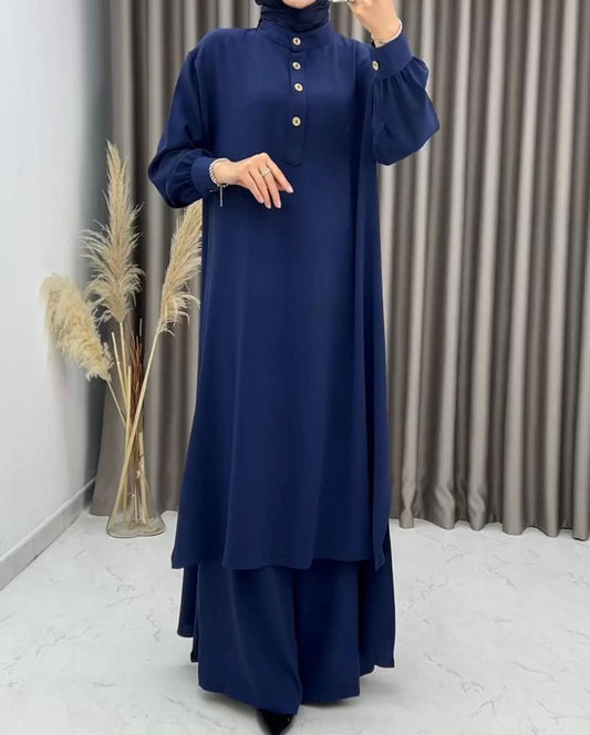 Blue women's linen abaya-inspired long shirt trouser set Abu Dhabi — Chinese collar UAE
