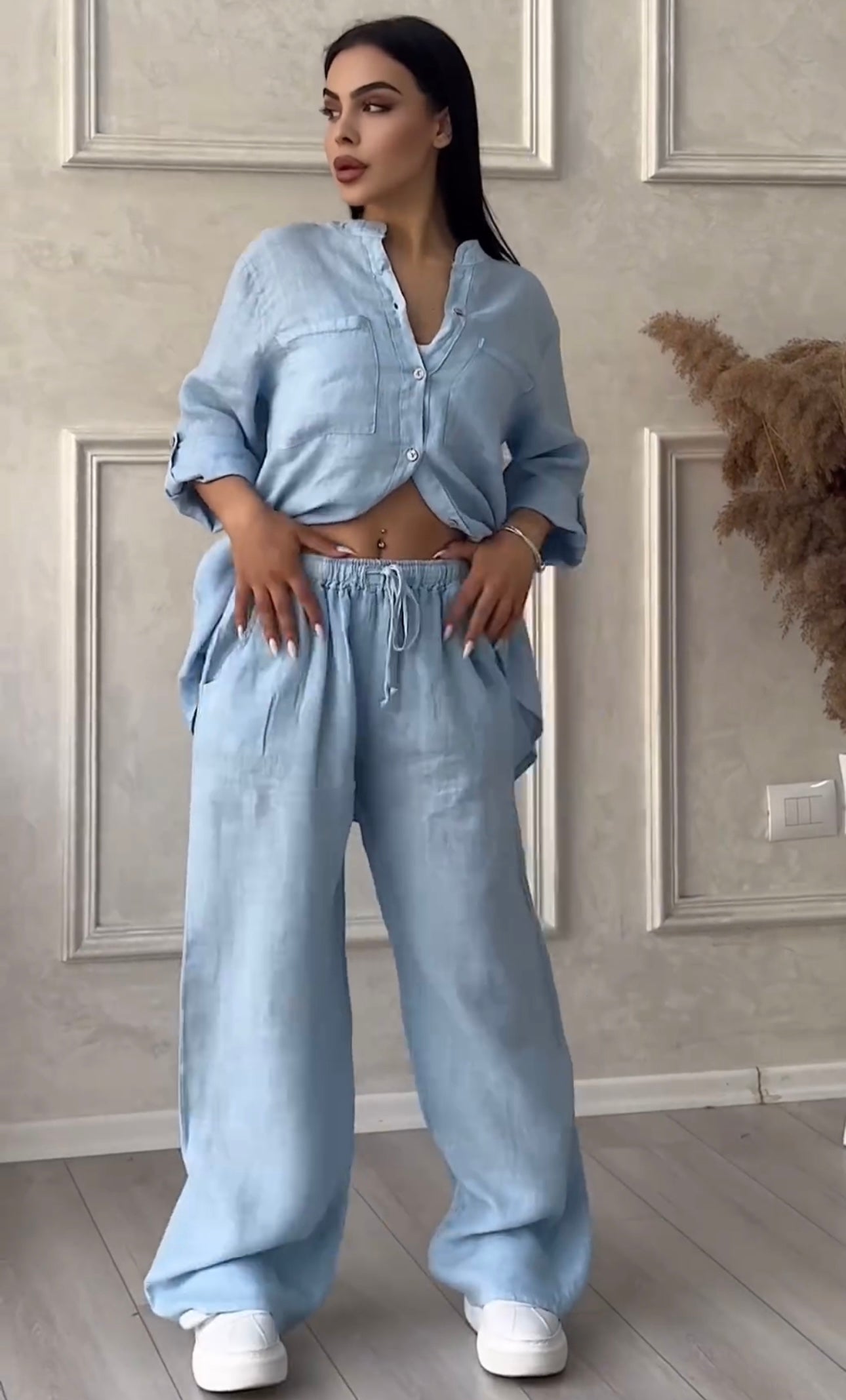Women Buttoned Linen Set | Buttoned Linen Shirt Set | Luxi Wears