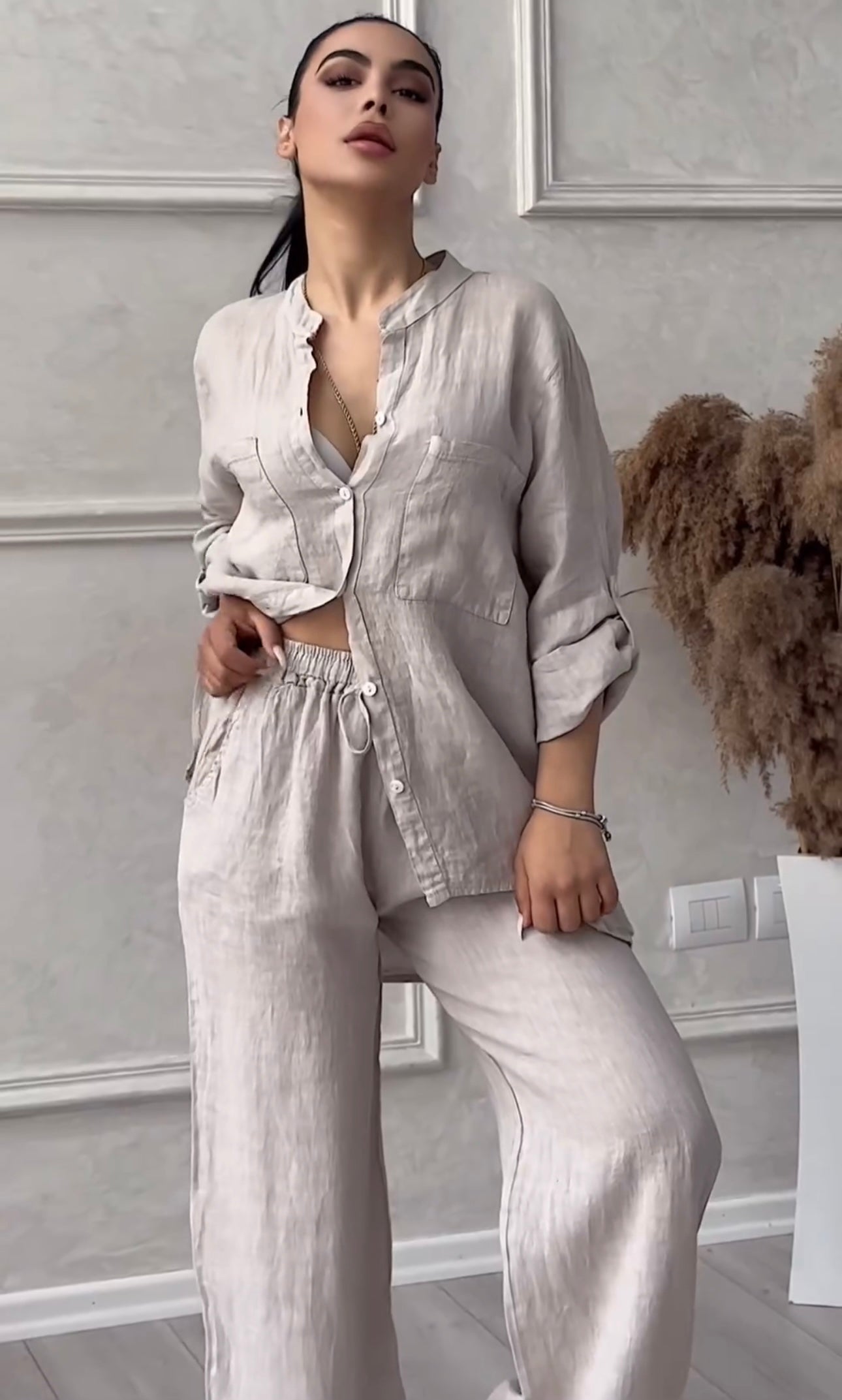 Women Buttoned Linen Set | Buttoned Linen Shirt Set | Luxi Wears