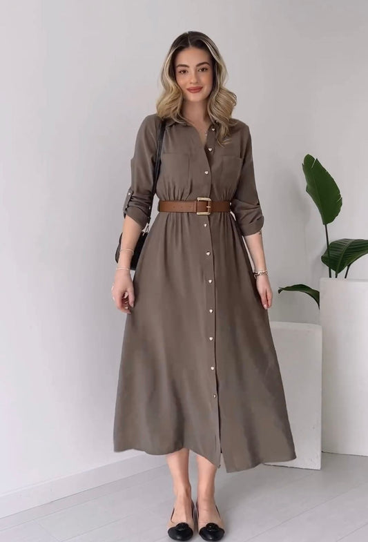 Brown women's frock style long shirt Abu Dhabi — poly linen loose fit UAE