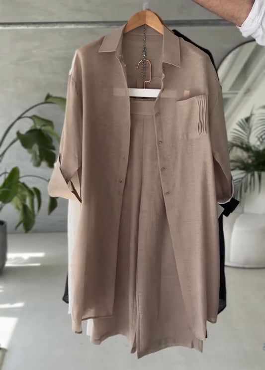 Beige women's rich linen long shirt plazo set Dubai โ abaya-style modest co-ord UAE