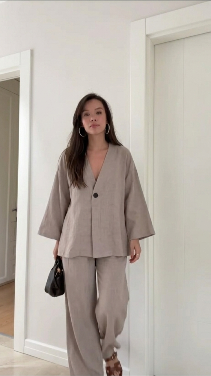 Beige casual V-neck linen set Dubai affordable women's fashion