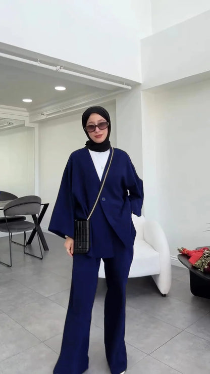 Blue women's V-neck linen shirt trouser set Dubai loose fit