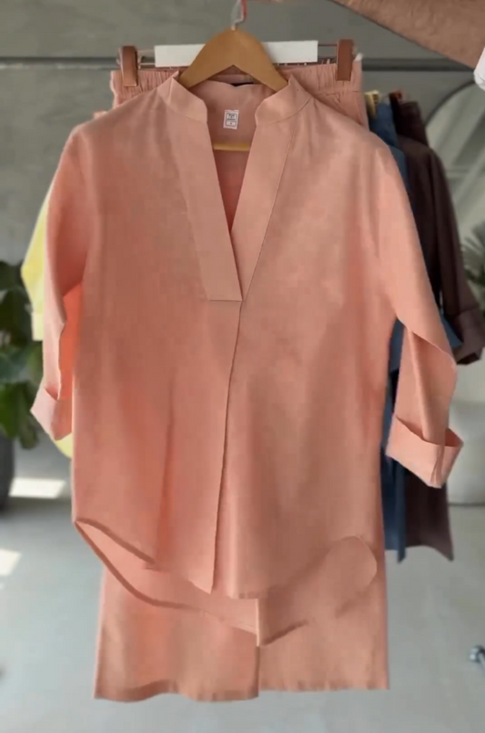 Pink women's V-neck linen shirt trouser set UAE — loose fit casual Dubai