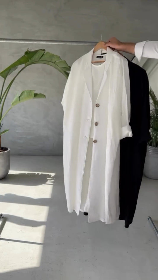 White women's coat style long linen shirt UAE — loose fit collar Dubai