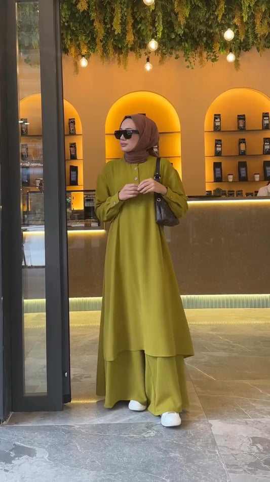 Green women's linen abaya-style long shirt loose trouser set UAE — modest co-ord Dubai