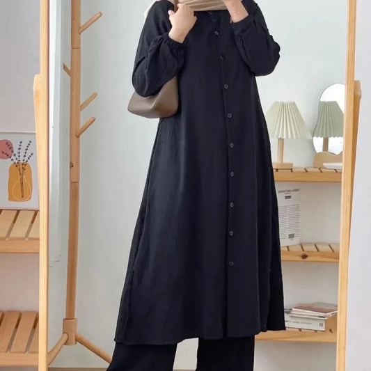 Black women's linen long shirt trouser set Dubai Abu Dhabi — modest regular fit