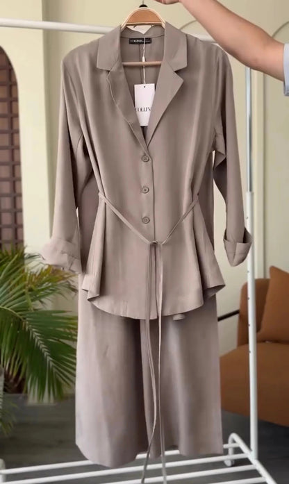 Women Coat Collar Shirt & Trouser Set