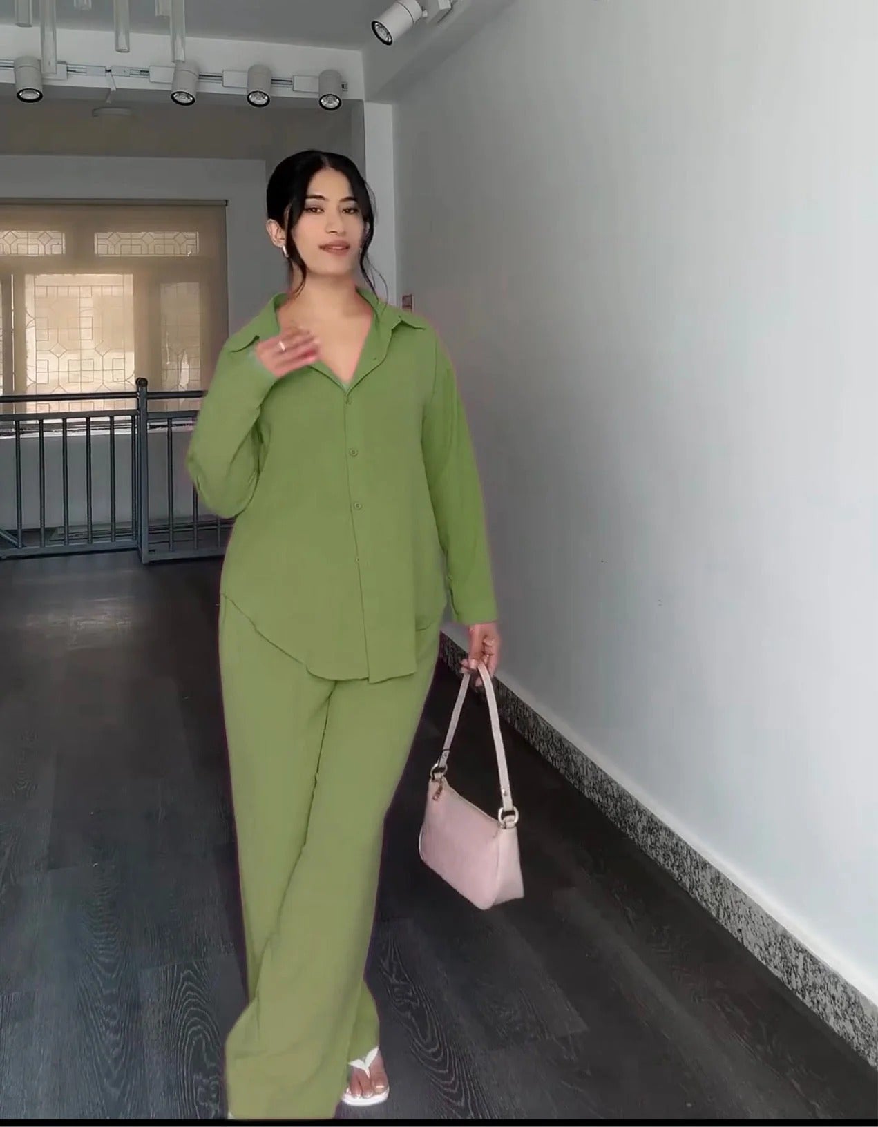 Green women's poly linen shirt trouser set UAE — loose fit casual co-ord Dubai