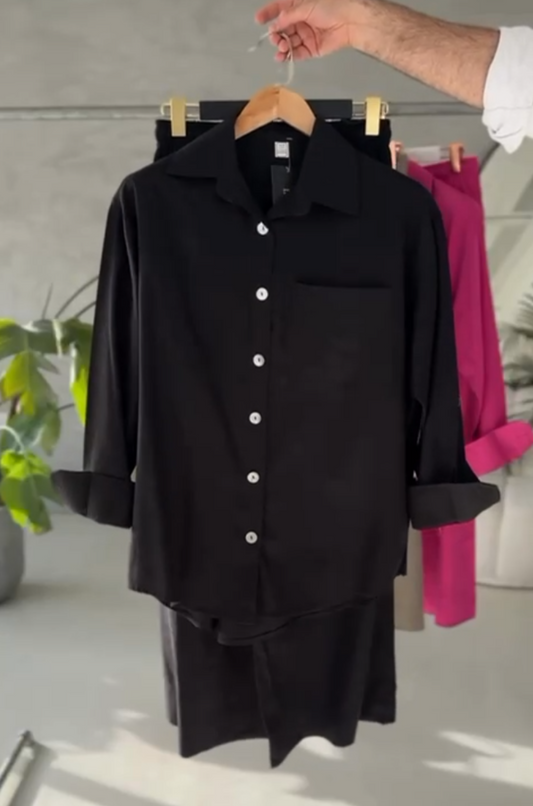 Black women's rich linen shirt trouser set UAE — loose fit drop shoulder Dubai