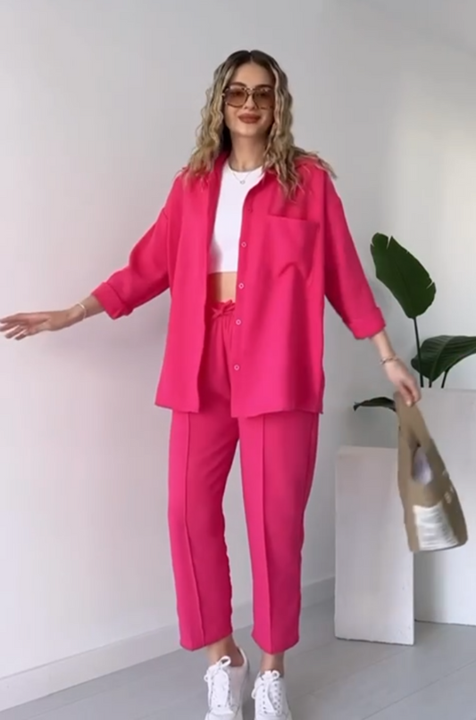 Pink women's linen shirt trouser suit UAE — loose fit modest co-ord Dubai