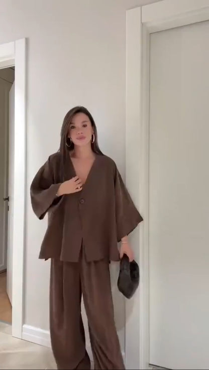 Brown linen two-piece women's set UAE casual summer wear