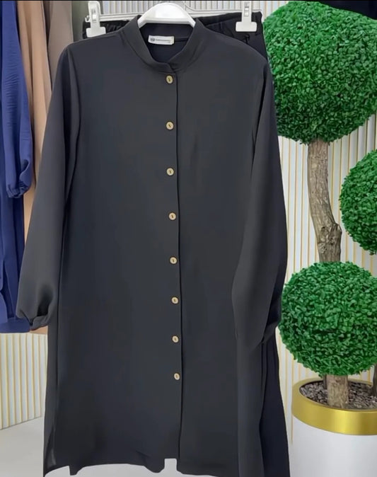 Black women's linen long shirt trouser set UAE — modest regular fit drawstring Dubai