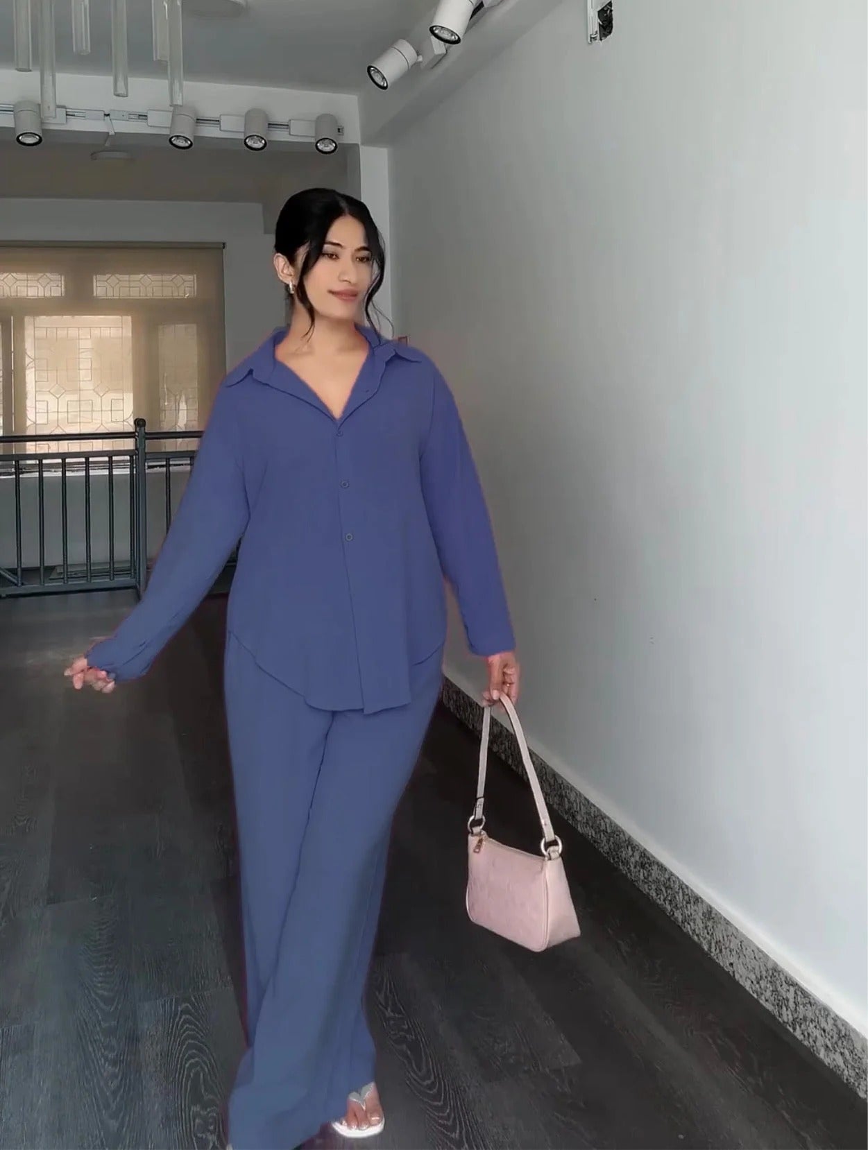 Blue women's poly linen shirt trouser co-ord set Dubai Abu Dhabi — modest UAE