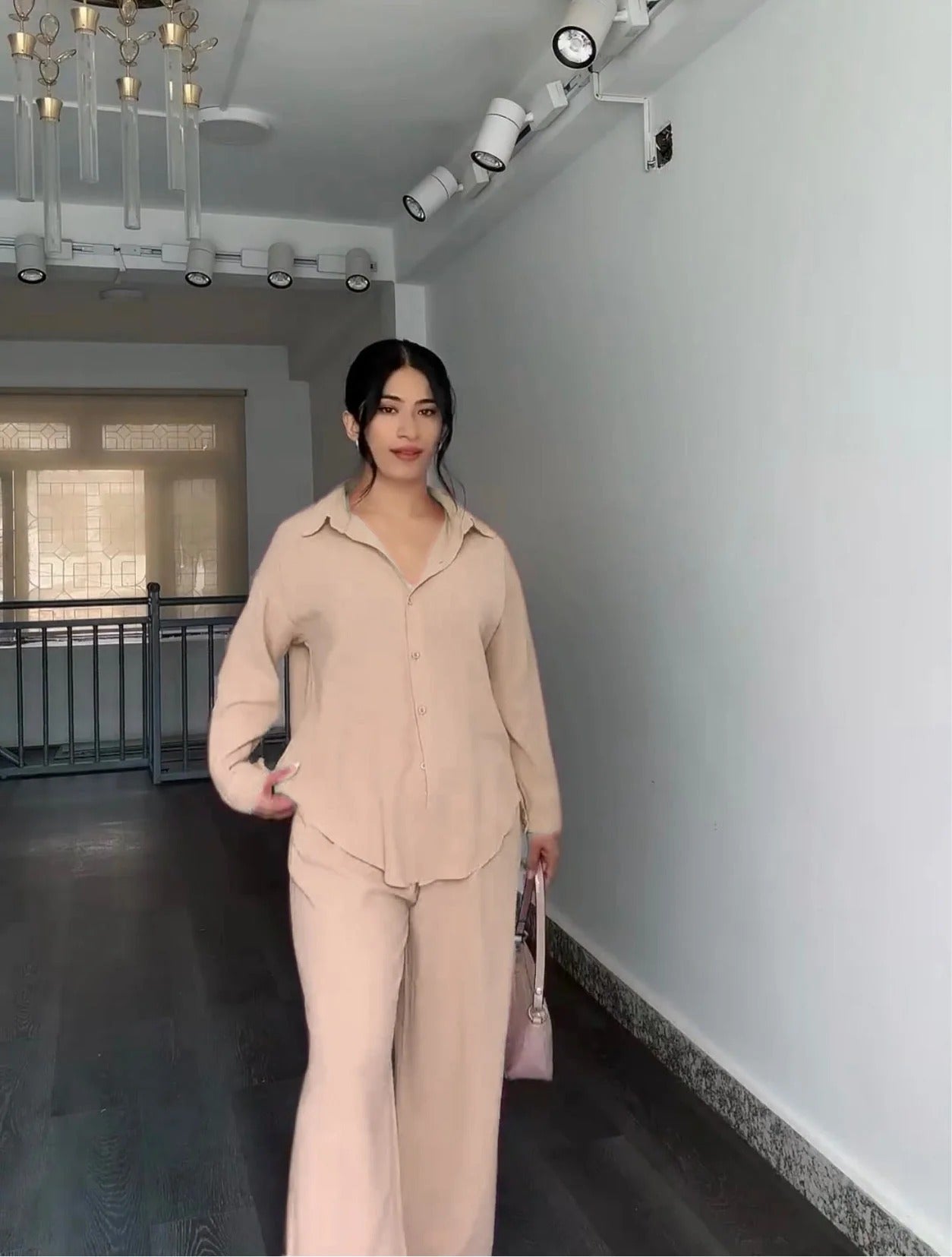 Beige women's poly linen shirt trouser set Dubai — drop shoulder modest UAE