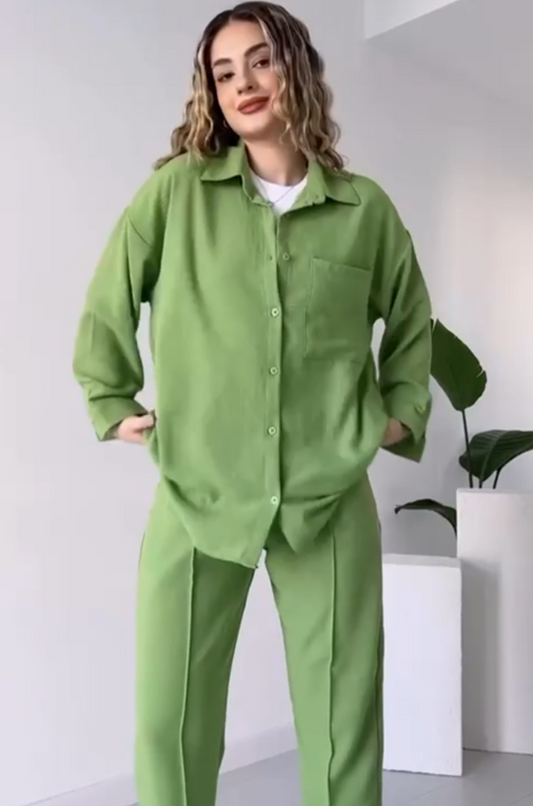 Green women's linen suit co-ord set Dubai Abu Dhabi — modest casual UAE