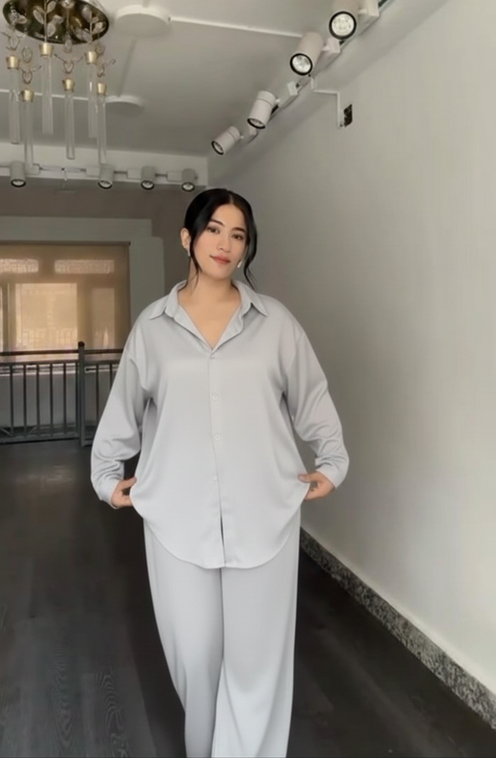 Grey women's poly linen shirt trouser set UAE — casual modest co-ord Dubai