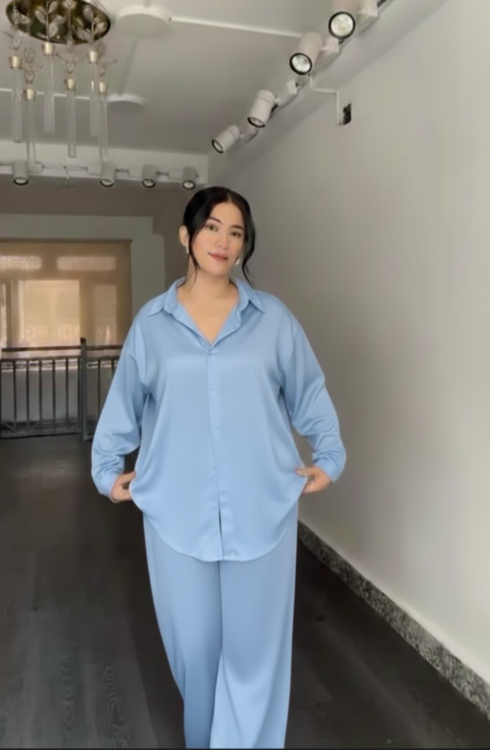 Blue women's poly linen shirt trouser co-ord set Dubai Abu Dhabi — modest UAE