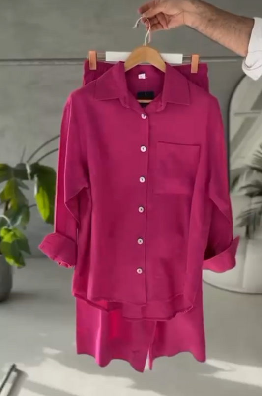 Pink women's rich linen shirt trouser set Abu Dhabi — modest casual co-ord UAE