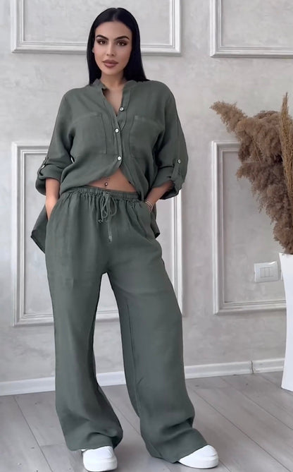 Women Buttoned Linen Set | Buttoned Linen Shirt Set | Luxi Wears