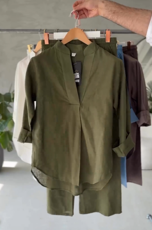 V-Neck Linen Shirt & Trouser | Casual Linen Two-Piece Set | Luxi Wears