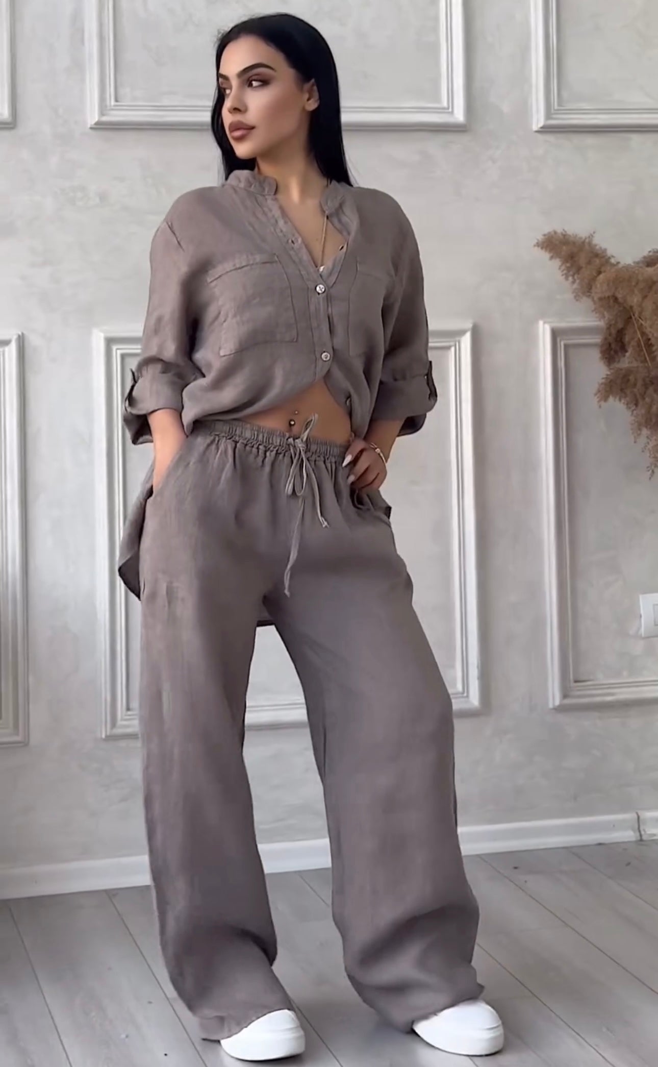 Women Buttoned Linen Set | Buttoned Linen Shirt Set | Luxi Wears