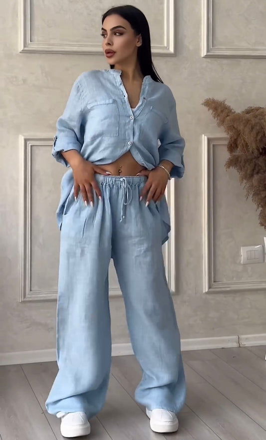Women Buttoned Linen Set | Buttoned Linen Shirt Set | Luxi Wears