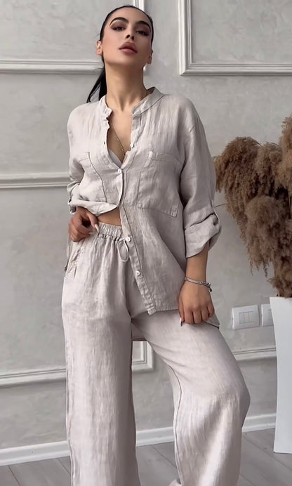 Women Buttoned Linen Set | Buttoned Linen Shirt Set | Luxi Wears