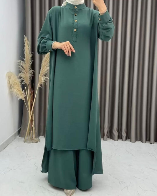 Green women's linen abaya-inspired long shirt trouser set UAE — Chinese collar Dubai