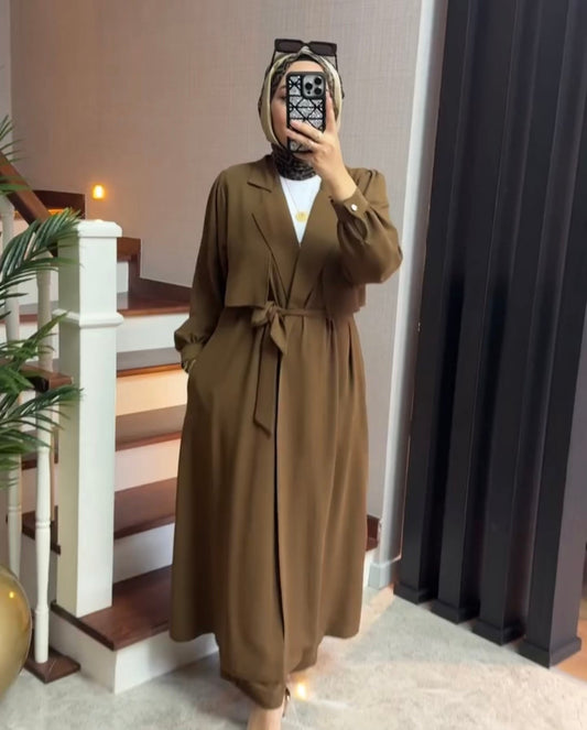 Brown women's coat style long shirt trouser set Dubai — poly linen co-ord UAE